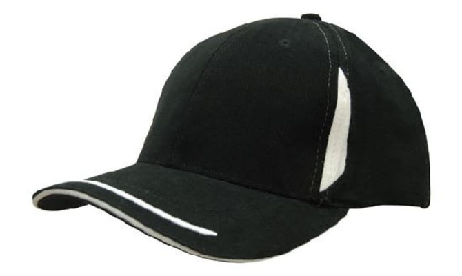 A black cap with a white peak trim and sandwich, featuring crown inserts and contrasting side panel.