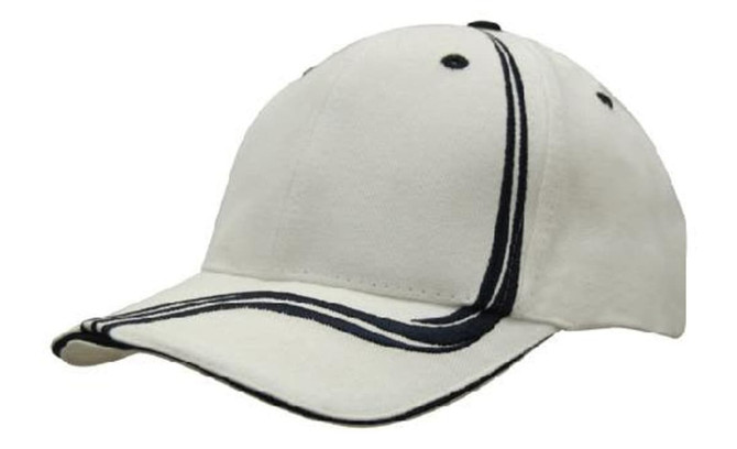 A hat made of heavy cotton, featuring waving navy stripes on the crown and peak, in a light beige colour.