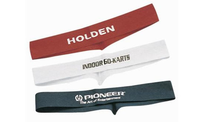 Three fitted hat bands in red, white, and dark blue, each featuring different logos and text designs.