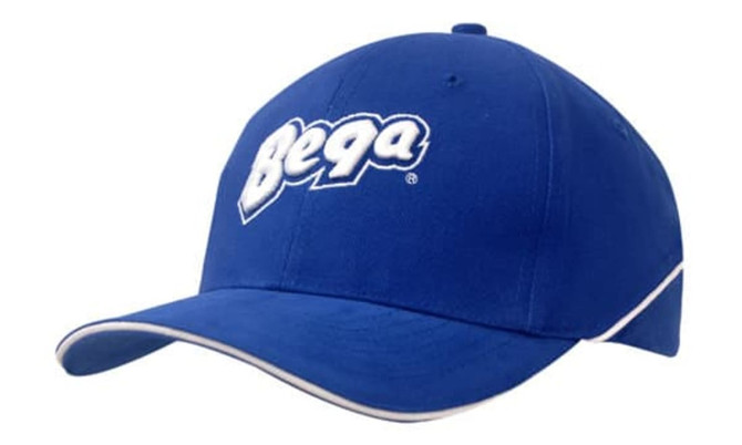 A blue cap with crown piping and a white sandwich peak, featuring a branded logo on the front.