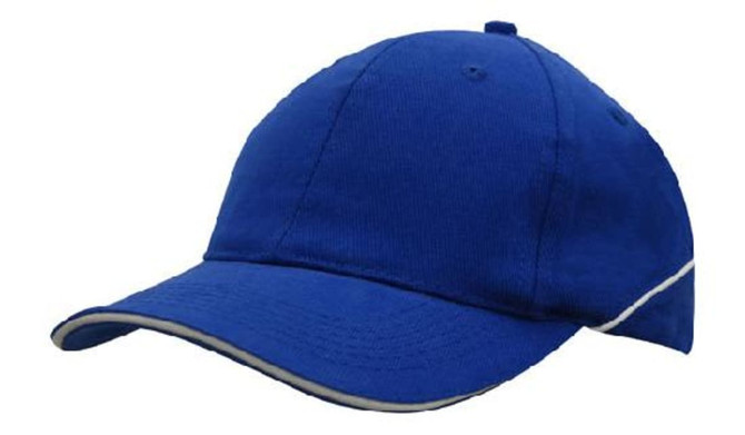 A blue cap featuring a contrasting crown piping and a curved brim, complete with a logo.