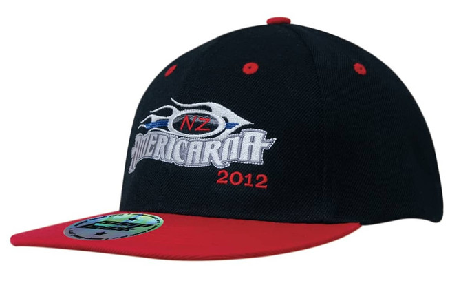 A cap featuring a black body and red visor, decorated with embroidered graphics and branding.