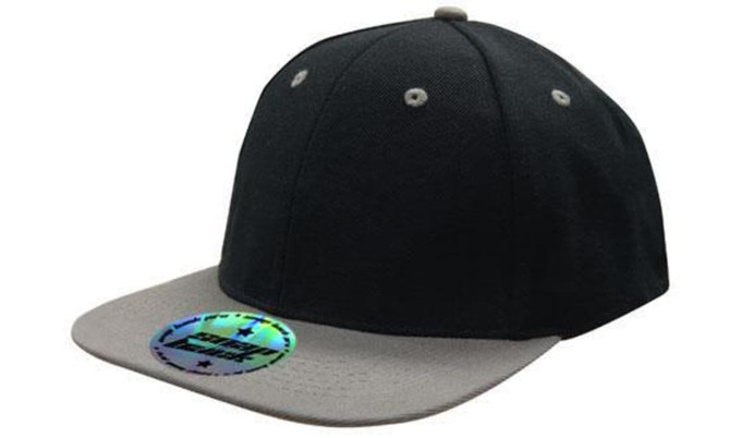 A two-tone hat featuring a black crown and a grey brim, complete with a logo on the front.