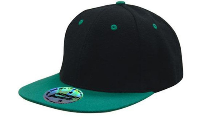 A cap featuring a black crown and a teal brim, with a logo on the front.