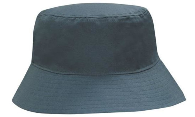 A breathable poly twill bucket hat in a dark grey colour, featuring a simple design and a branded logo.