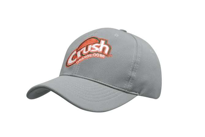 A grey cap featuring an embroidered logo in orange and green. The cap has a classic curved brim and adjustable strap.