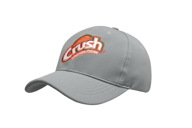 A grey cap featuring an embroidered orange and green logo, along with branding.