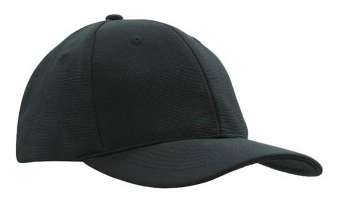 A black cap with a structured design and curved brim. It features a logo on the side.