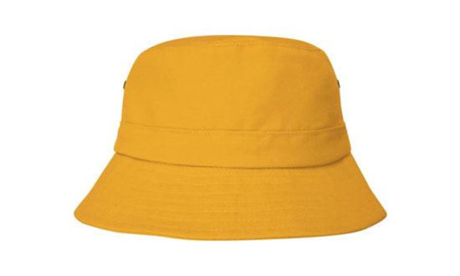 A yellow child's bucket hat with a wide brim, featuring side ventilation and a logo.
