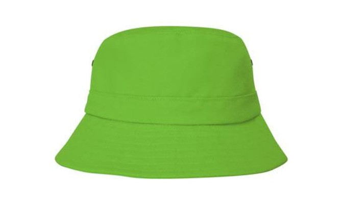 A bright green child's bucket hat with a wide brim and a simple design. It has a logo on the side.