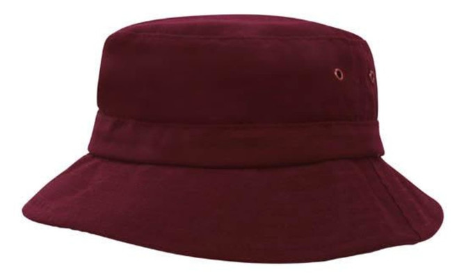 A burgundy bucket hat with a wide brim and a band around the crown, featuring a logo.