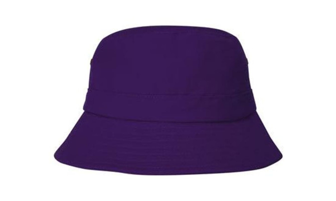 A purple infants bucket hat with a wide brim. It features a simple design and includes a logo.