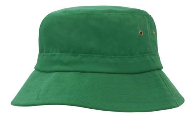 A green infants bucket hat made from brushed sports twill, featuring a logo and a wide brim.
