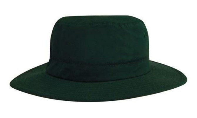A green microfibre adjustable bucket hat with a wide brim and a simple design, featuring a logo.