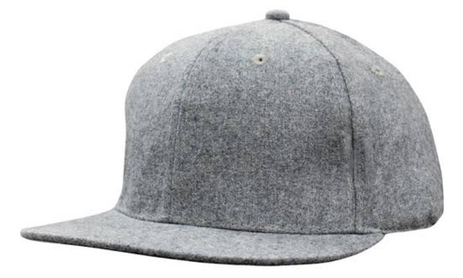 A grey marle flannel snapback cap featuring a flat brim and a textured fabric. Includes branding on the side.