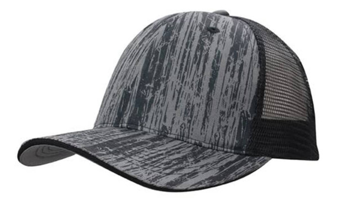 A grey and black cap featuring a wood print design and a mesh back, with a curved brim.