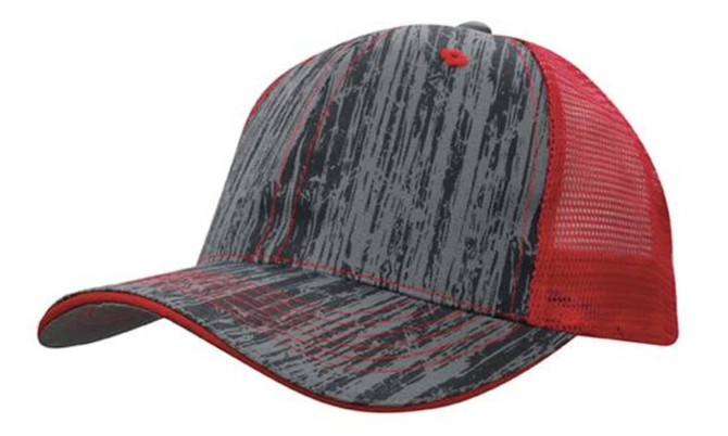 A cap featuring a grey wood print design with a red mesh back and red accents.