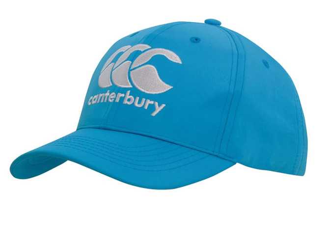 A blue sports cap featuring a logo on the front, with a curved brim and adjustable strap.