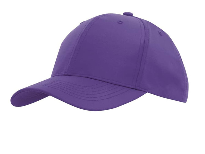 A purple sports cap featuring a curved brim and an adjustable strap, with a logo on the side.