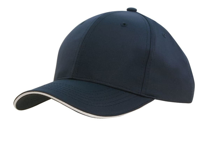 A dark navy cap featuring a sandwich trim along the brim and a logo on the front.