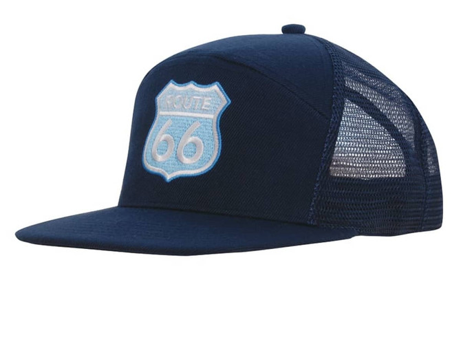 A navy blue A-frame cap with a mesh back and an embroidered patch featuring a route sign.