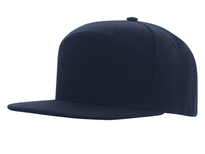 A navy blue Premium American Twill A Frame Cap featuring a flat brim and a structured design. It has a logo.