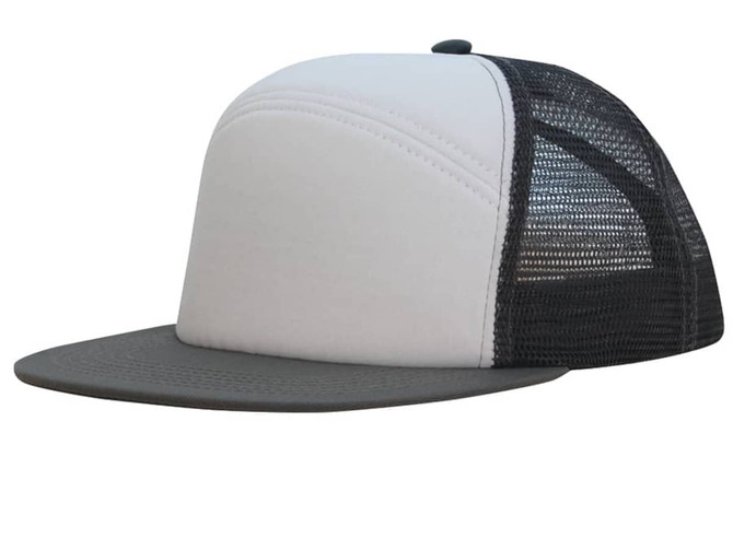 A foam front A-frame cap featuring a grey front and black mesh back, with a flat brim and a logo on the front.