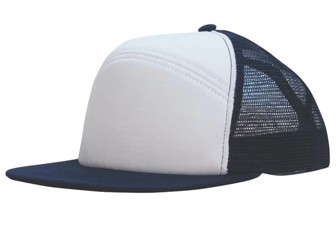 A foam front A-frame cap featuring a white front and navy mesh back, with a curved peak and a logo.