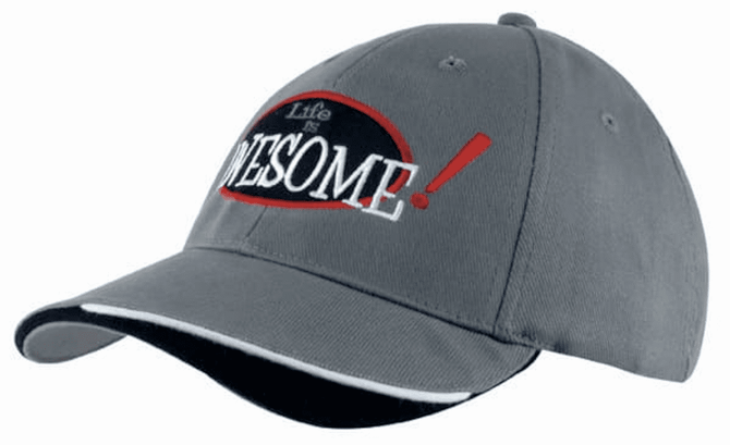 A grey cap with an indented peak and a logo featuring the word "AWESOME!" in bold lettering.