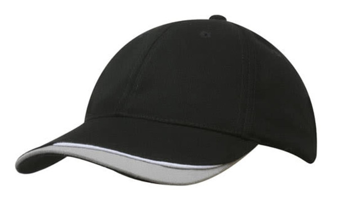 A black cap with an indented peak and contrasting trim, featuring a logo on the side.