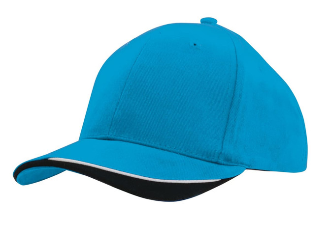 A bright blue cap with an indented peak and a black underside. It features a logo on the front.