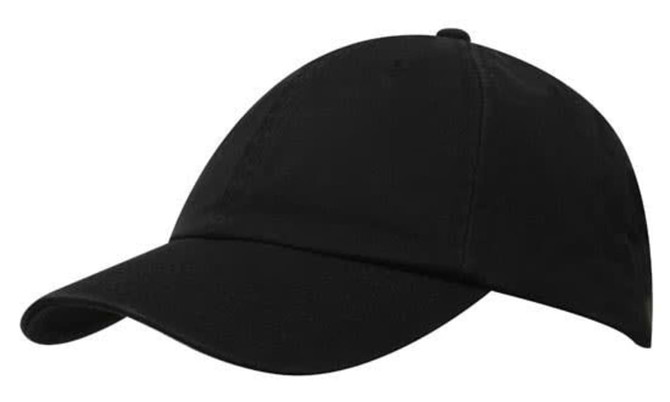 A black cap with a curved brim, featuring a logo on the front, in a classic design.