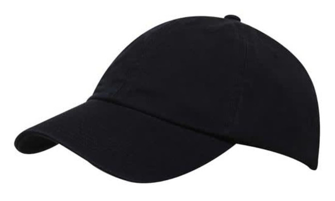 A black cap with a curved brim and a logo on the front. The material is a washed chino twill.