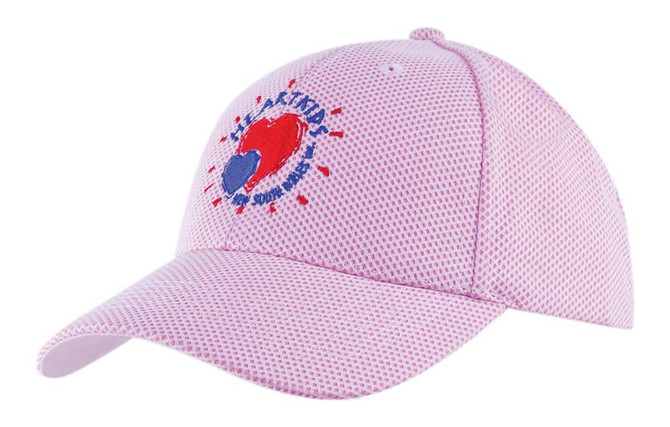 A pink cap with a mesh-covered design and an embroidered logo on the front.