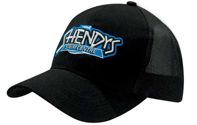 A black cap with a mesh back featuring a logo in blue and white.