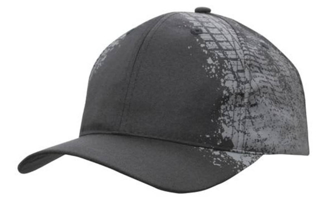 A black cap featuring a grey tire print design and a logo on the front.