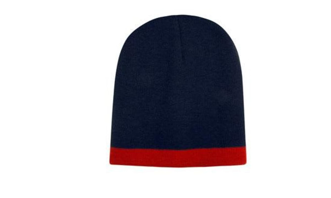 A two-tone acrylic beanie featuring a navy body and a red band at the bottom, with a logo on it.
