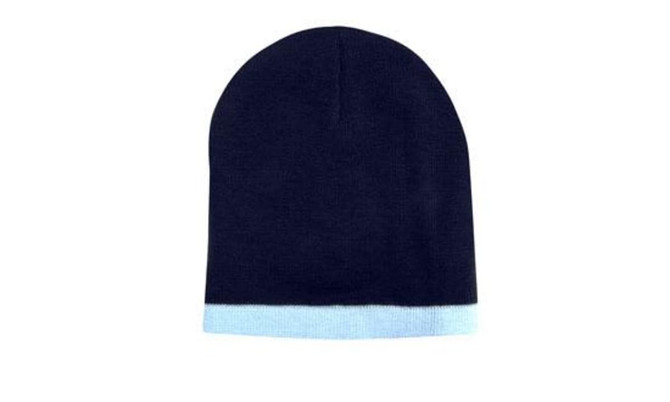 A two-tone acrylic beanie in navy blue with a light blue cuff. The beanie has a logo on the band.