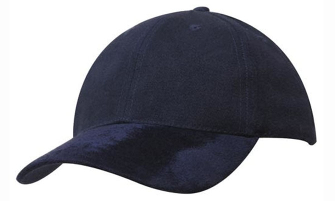 A navy blue cap featuring a brushed heavy cotton body and a suede peak. It has a logo on the front.