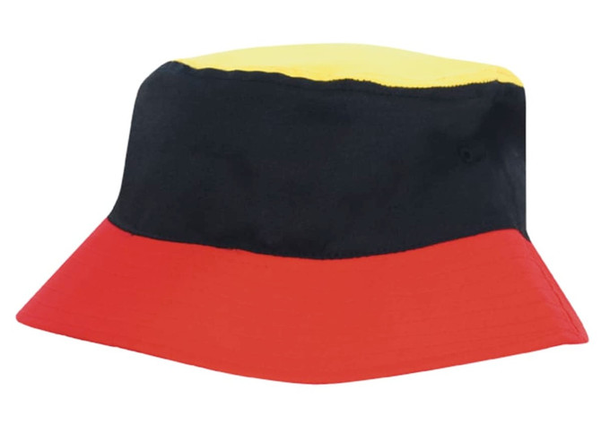A multicoloured bucket hat featuring black, yellow, and red sections, with a logo present on the design.