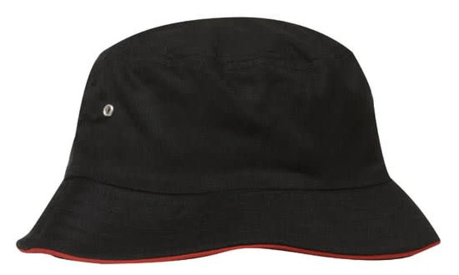 A black bucket hat with a red trim and a small logo.