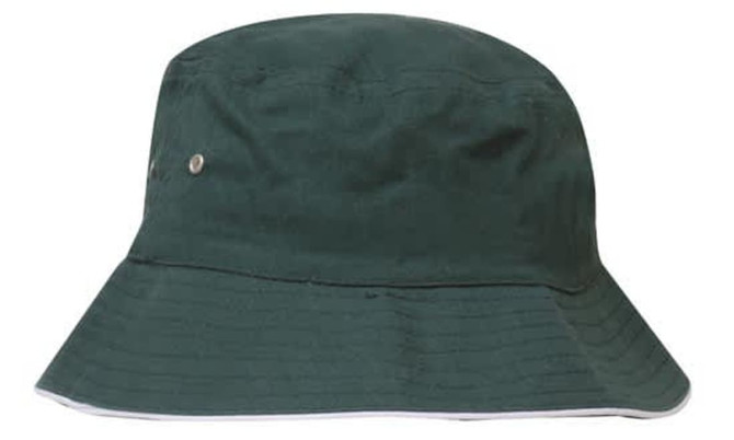 A green brushed sports twill bucket hat with a wide brim and a small logo.