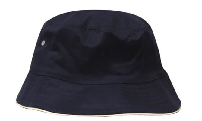 A navy blue bucket hat with a textured fabric and a contrasting band around the brim. It features a small branding logo.