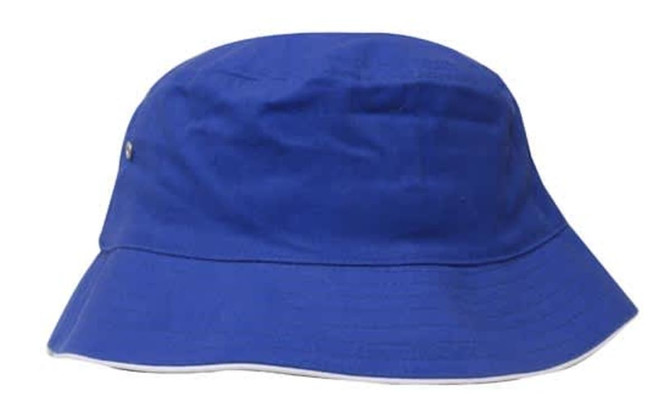 A blue bucket hat made of brushed sports twill, featuring a logo on the side.