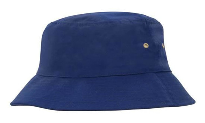 A blue bucket hat with a wide brim and small embellishments. It features a simple design and has a logo.