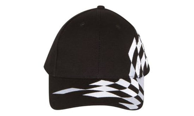 A black cap with a checkered pattern in white running along the brim. It features a branding logo.