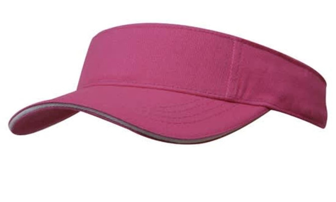 A pink brushed heavy cotton visor with a curved peak. It features a logo on the front.