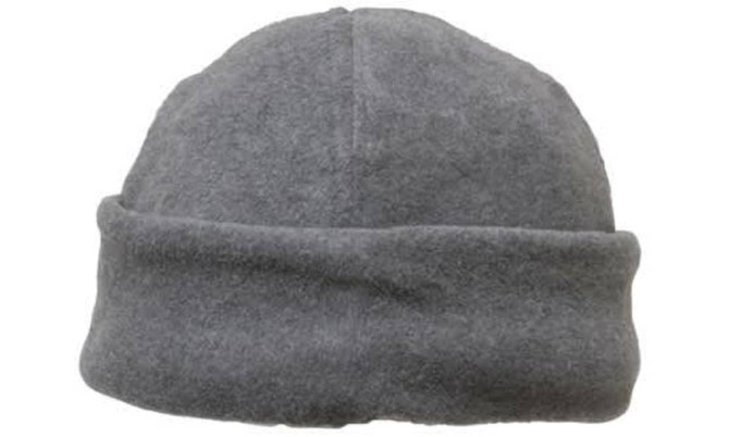 A grey micro fleece beanie with a rolled cuff and a plain design. It features branding on the inside.