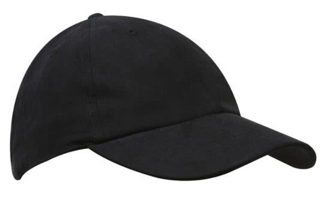 A black cap with a curved brim and a solid design. It features a logo on the front.