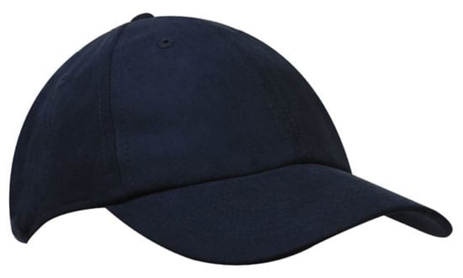 A navy blue cap with a curved brim, featuring a logo or branding on the front.